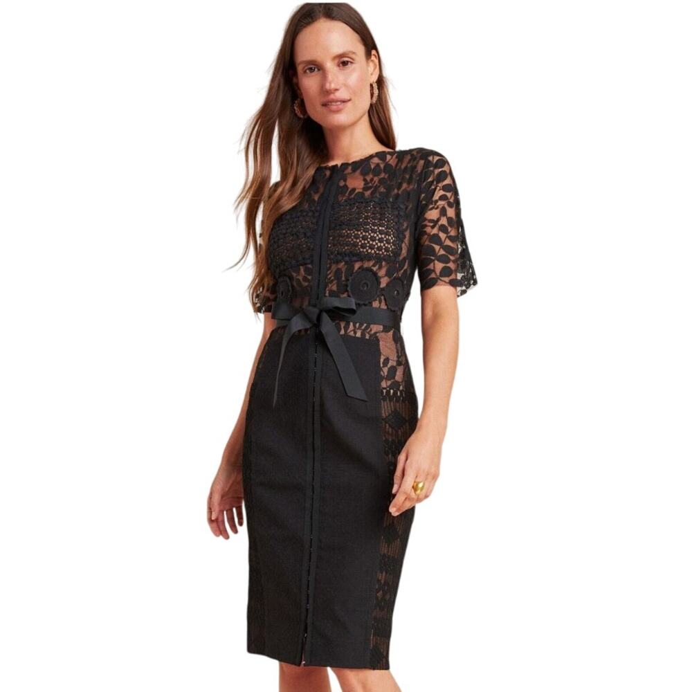 BYRON LARS Beguile Carissima Sheath Dress Black Lace Embroidered Belted Size 0P